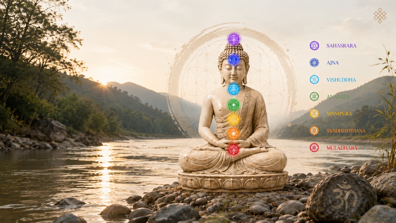 Statue de buddha en position assise avec les 7 chakras représentés