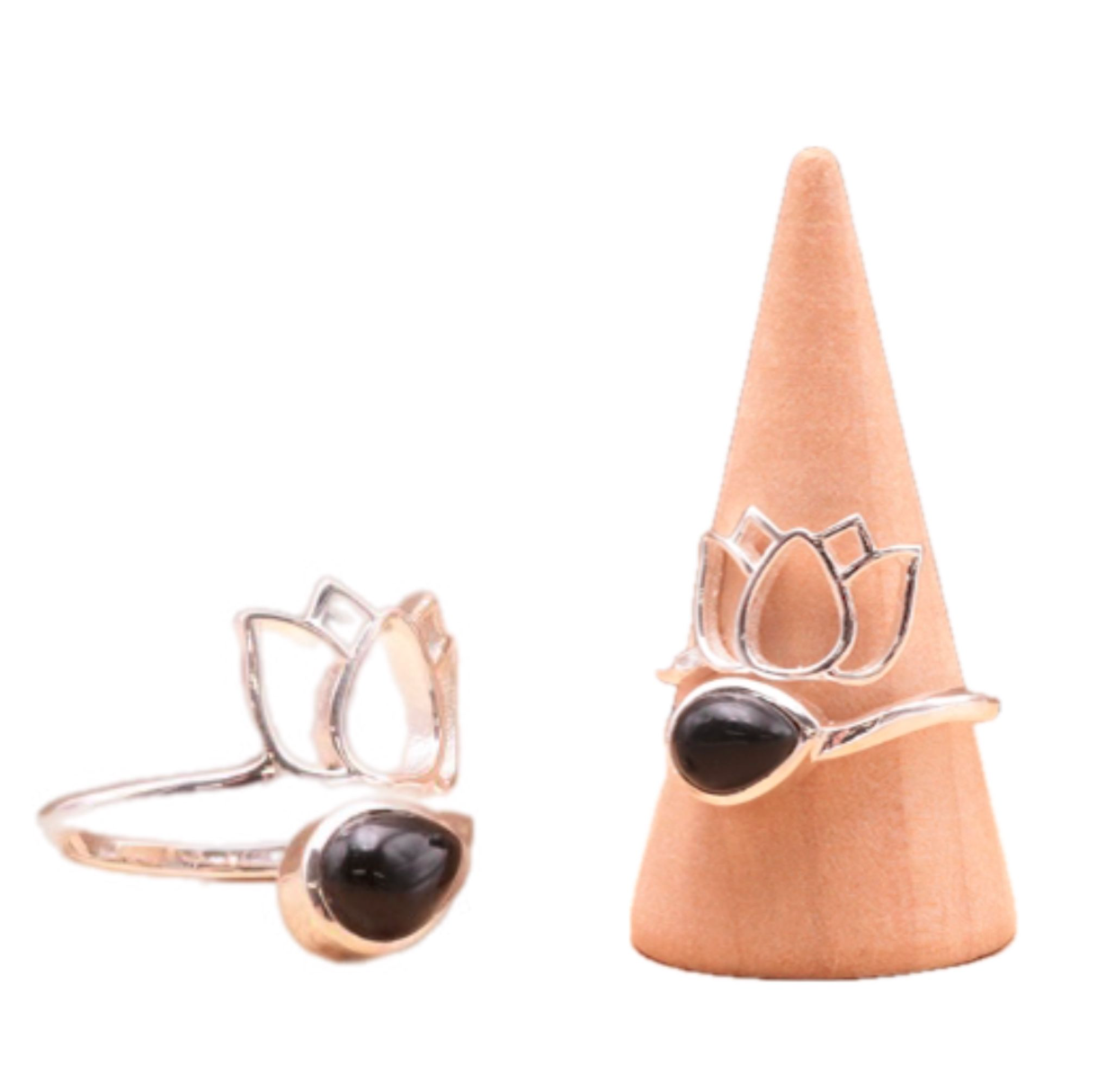 Anillo de Obsidiana y Plata 925 – Lotus – Mundo Tibet – Anclaje y Protección