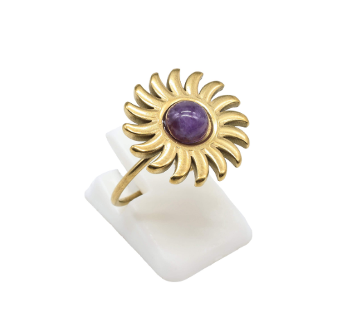 Bague Soleil « Rayonnement Intérieur » – Améthyste & Acier Inoxydable - UNIVERS TIBET