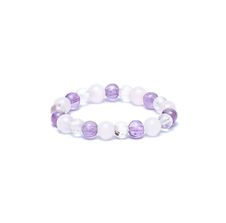 Anillo elástico de perlas de amatista, cuarzo rosa y cristal de roca - Mundo Tibet