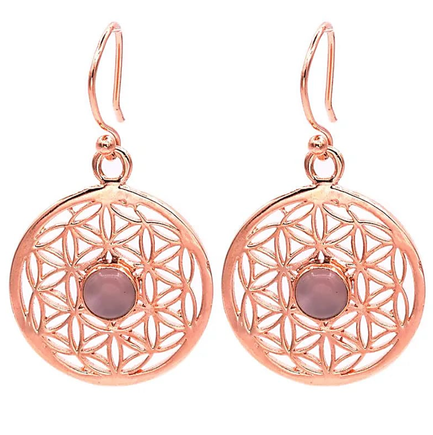 Pendientes con forma de flor de la vida y cuarzo rosa - Mundo Tibet