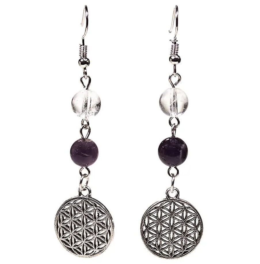 Pendientes Harmonia Divina - Cristal de Roca, Amatista y Flor de Vida - Mundo Tibet