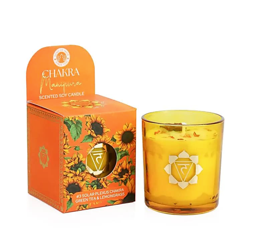Bougie Chakra Manipura – Thé Vert & Citronnelle – Force & Confiance - univers tibet