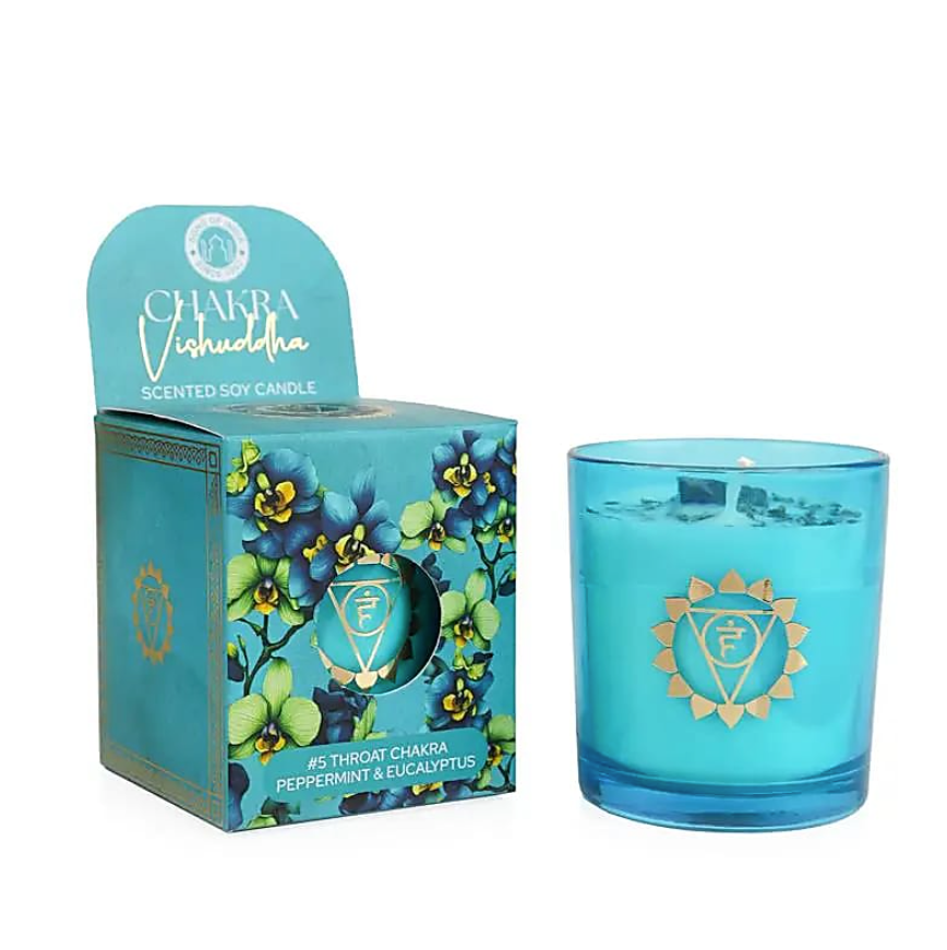 Bougie Chakra Vishuddha – Menthe Poivrée & Eucalyptus – Expression & Clarté - univers tibet
