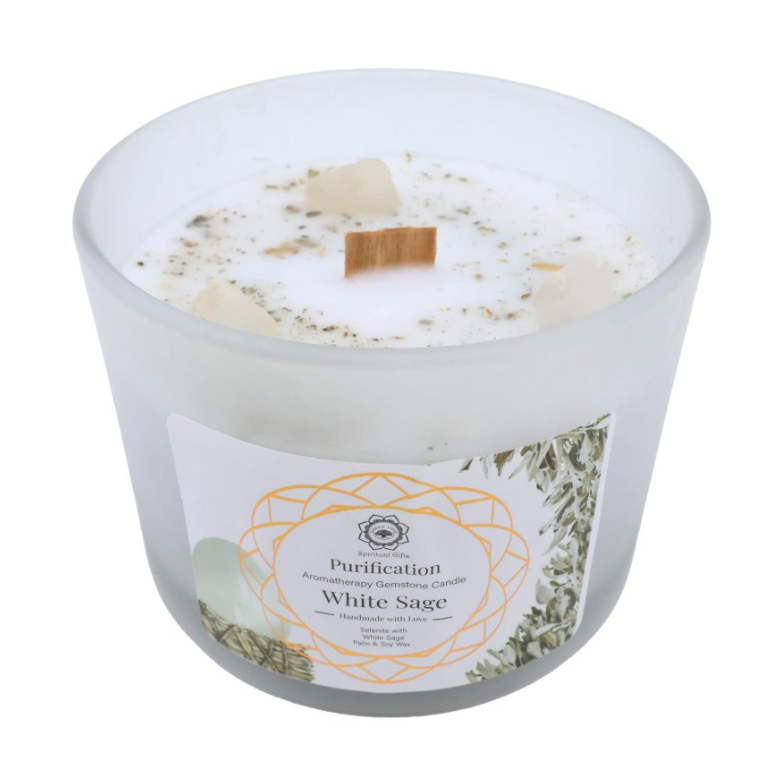 Vela de Purificación Green Tree – Calcita y Salvia Blanca (256g) - Mundo Tibet