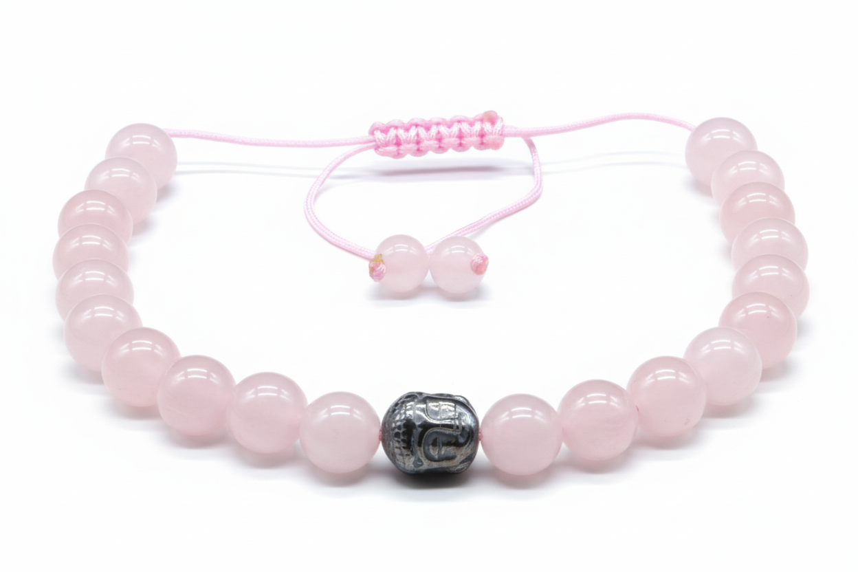 Pulsera Ajustable con Forma de Buda de Cuarzo Rosa - Mundo Tibet