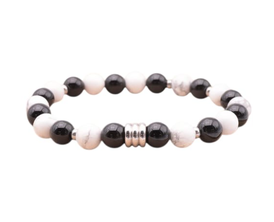 Pulsera Axis – Howlite blanca, onix y acero inoxidable - Mundo Tibet
