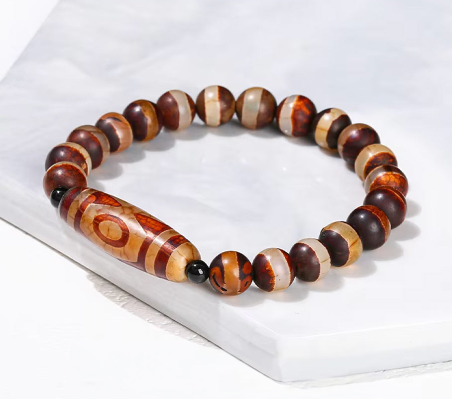 Pulsera de Dzi de 3 Ojos, Agata Marrón, Curativa - Mundo Tibet