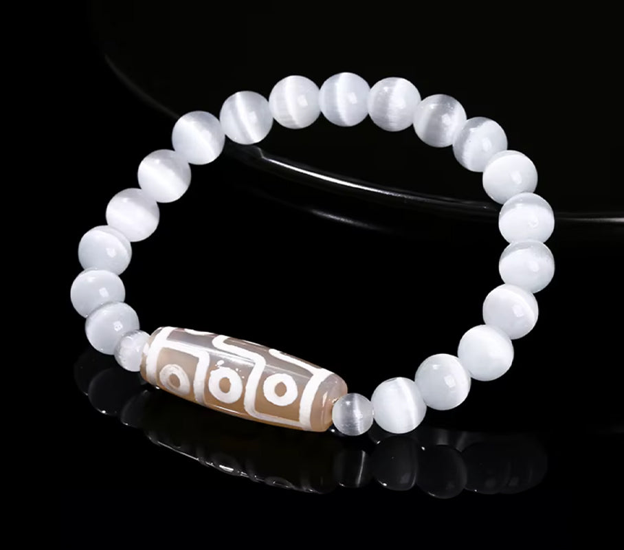 Pulsera de Dzi de 9 Ojos, Curación - Ágata Blanca - Mundo Tibet