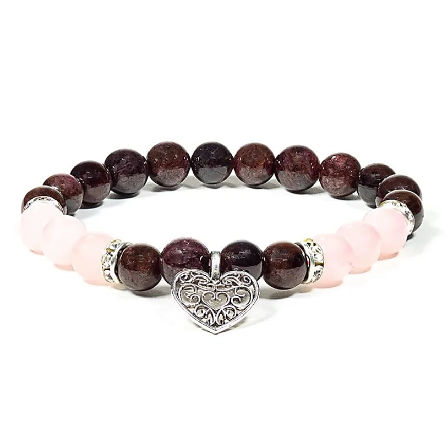 Pulsera de cuarzo rosa con granate y forma de corazón - Mundo Tibet