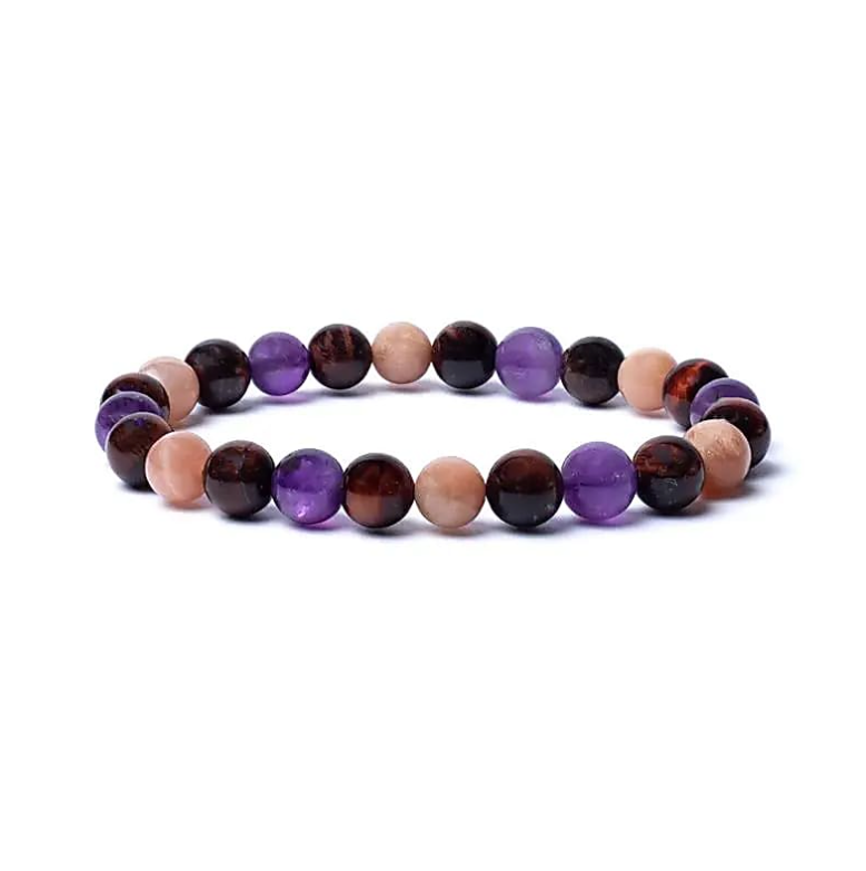 Pulsera de Armonía Sagrada – Ojo de tigre, amatista y piedra del sol - Mundo Tibet