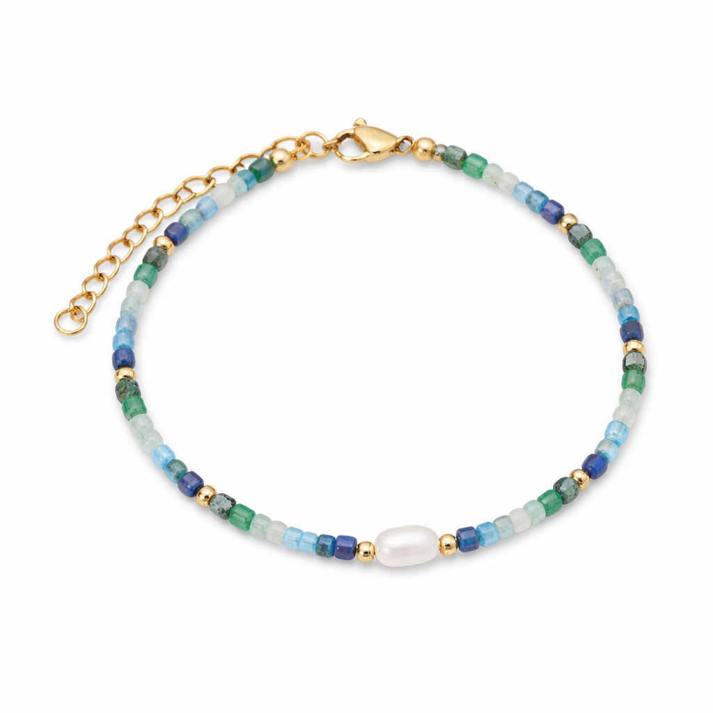 Pulsera Armonía de las Energías – Apatita Azul, Esmeralda, Lapislázuli, Zoisite Roja y Perla de Agua Dulce - Mundo Tibet