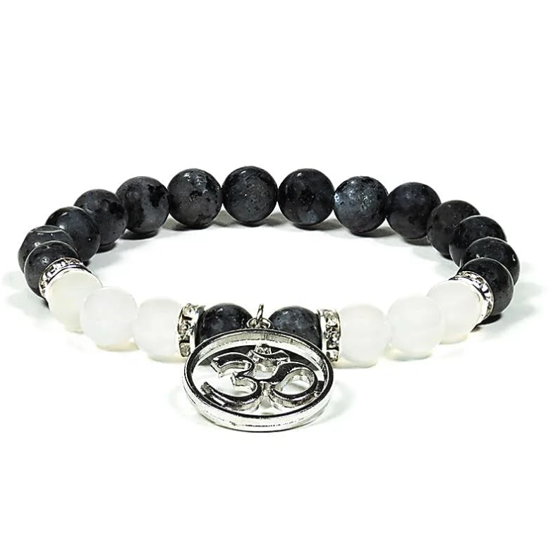 Pulsera de Labradorita, Ágata Blanca y OM - Unviers tibetano