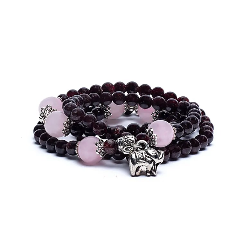 Pulsera Mala de fuerza y suavidad – Granate rojo, cuarzo rosa y elefante - Mundo Tibet