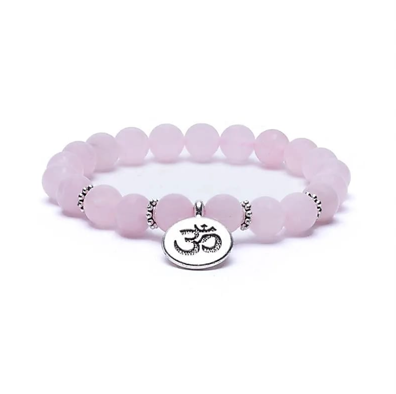 Pulsera de cuarzo rosa, símbolo OM - Mundo Tibet