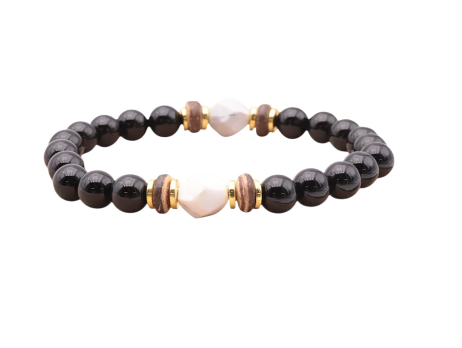 Pulsera Serenidad Anclada – Ónix, Howlite Blanca y Madera - Mundo Tibet