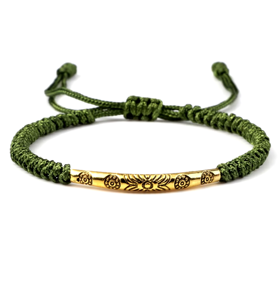 Pulsera Budista Tibetana de Cuero Verde, Tejida a Mano - Mundo Tibet