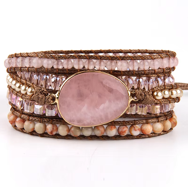 Pulsera de Cuarzo Rosa, Jaspe y Cristal - Mundo Tibet