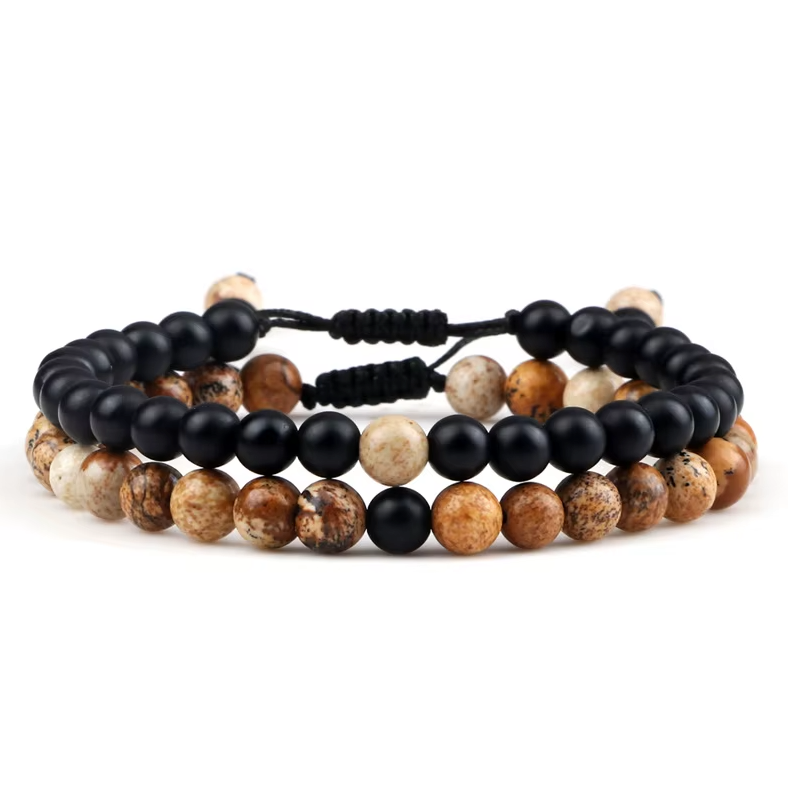 Pulseras tibetanas de dos tonos: Ónix y jaspe marrón - Mundo Tibet