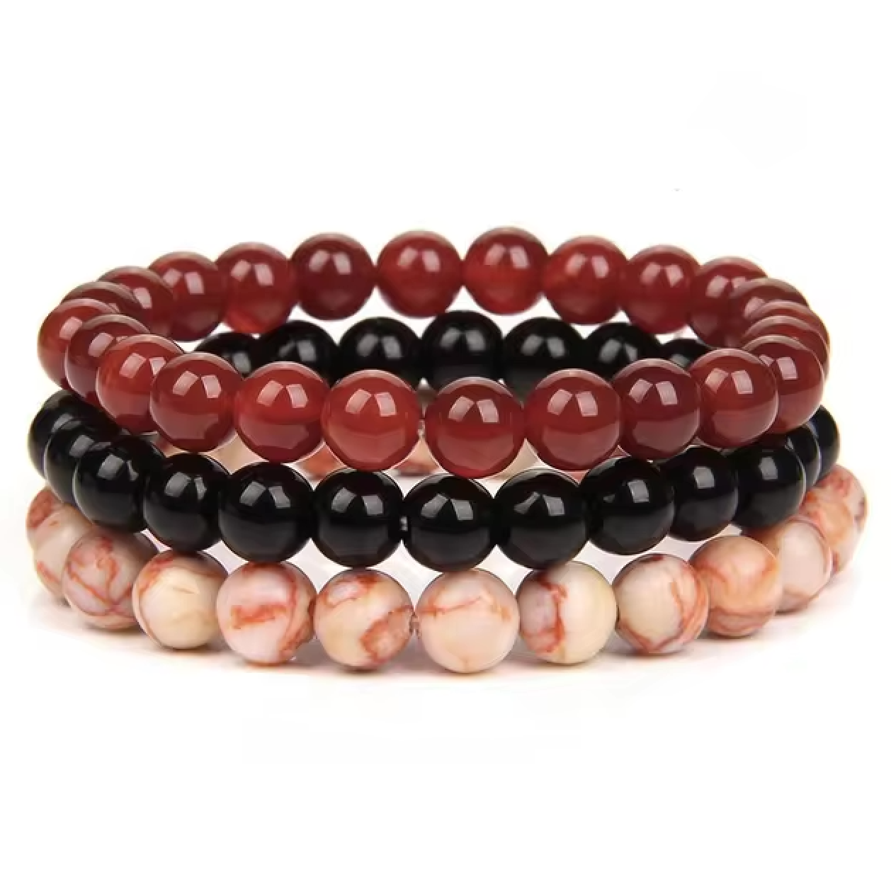 Pulseras Tibetanas de Tres Tonos - Ágata Roja - Ónix - Jaspe Picasso - Mundo Tibet