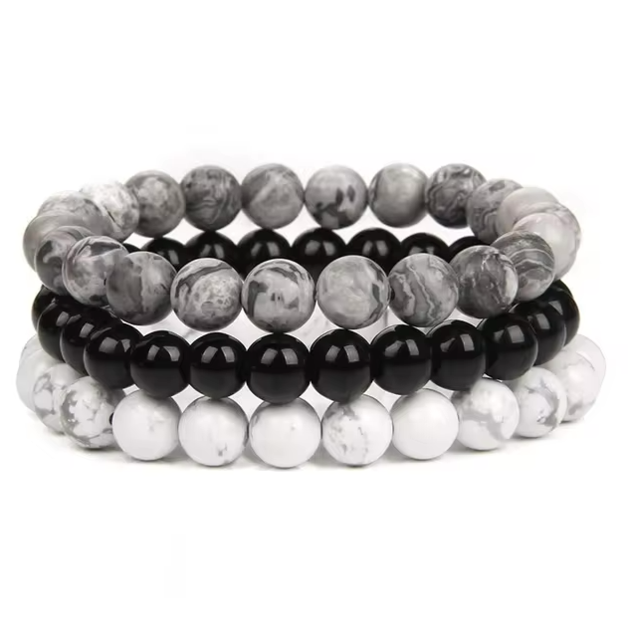 Pulseras tibetanas de tres piezas - Ónix - Howlite - Piedra de río - Mundo Tibet