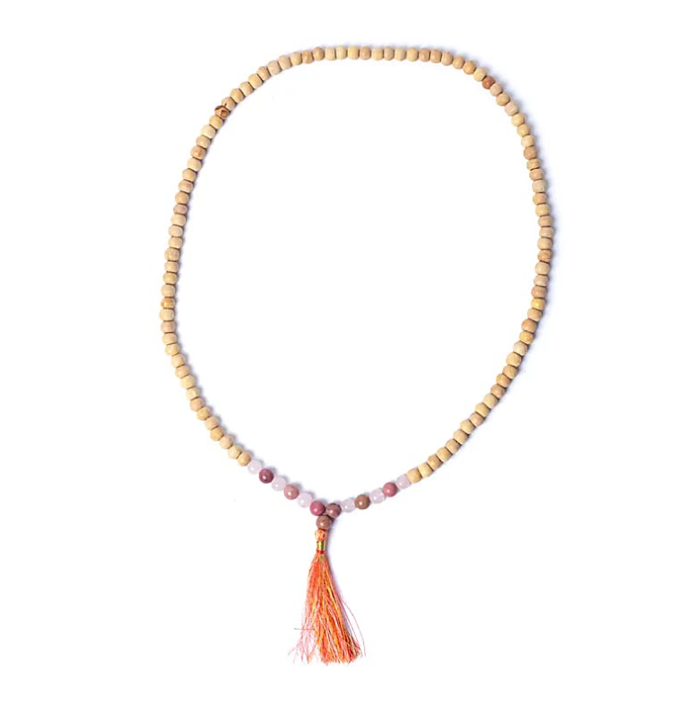Mala de Tulsi, Thulite y Cuarzo Rosa