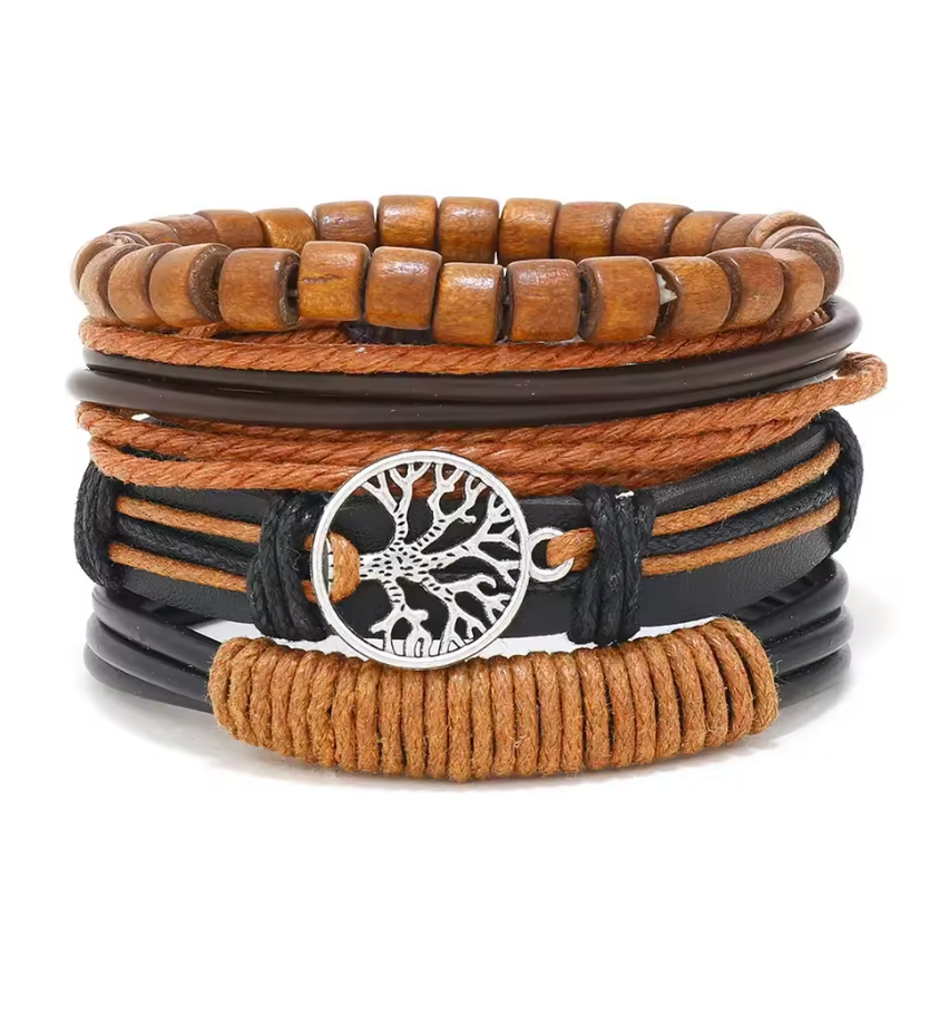 Juego de 4 pulseras de Árbol de la Vida de madera