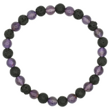 Bracelet Equilibre: perles d’améthyste violettes alternant avec pierres de lave noires, ensemble rond et élégant.