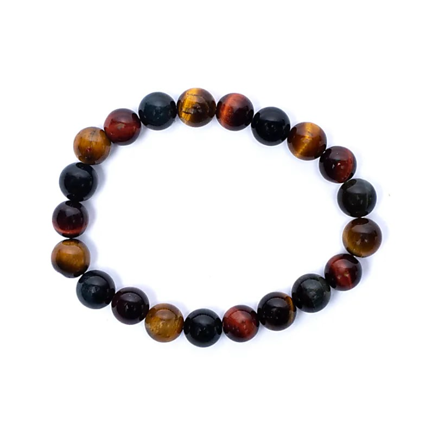 Bracelet rond en perles d’œil de tigre multicolore, aspect brillant, sur fond blanc. Bracelet Triple Œil de Tigre, Protection et Énergie.