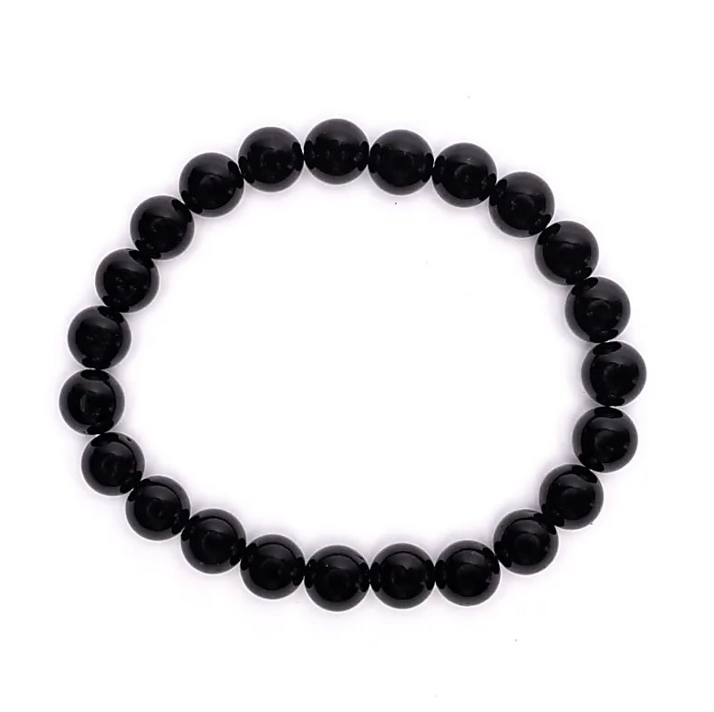 Bracelet bouclier d'énergie en tourmaline noire: perles rondes noir profond alignées en chaîne élastique.