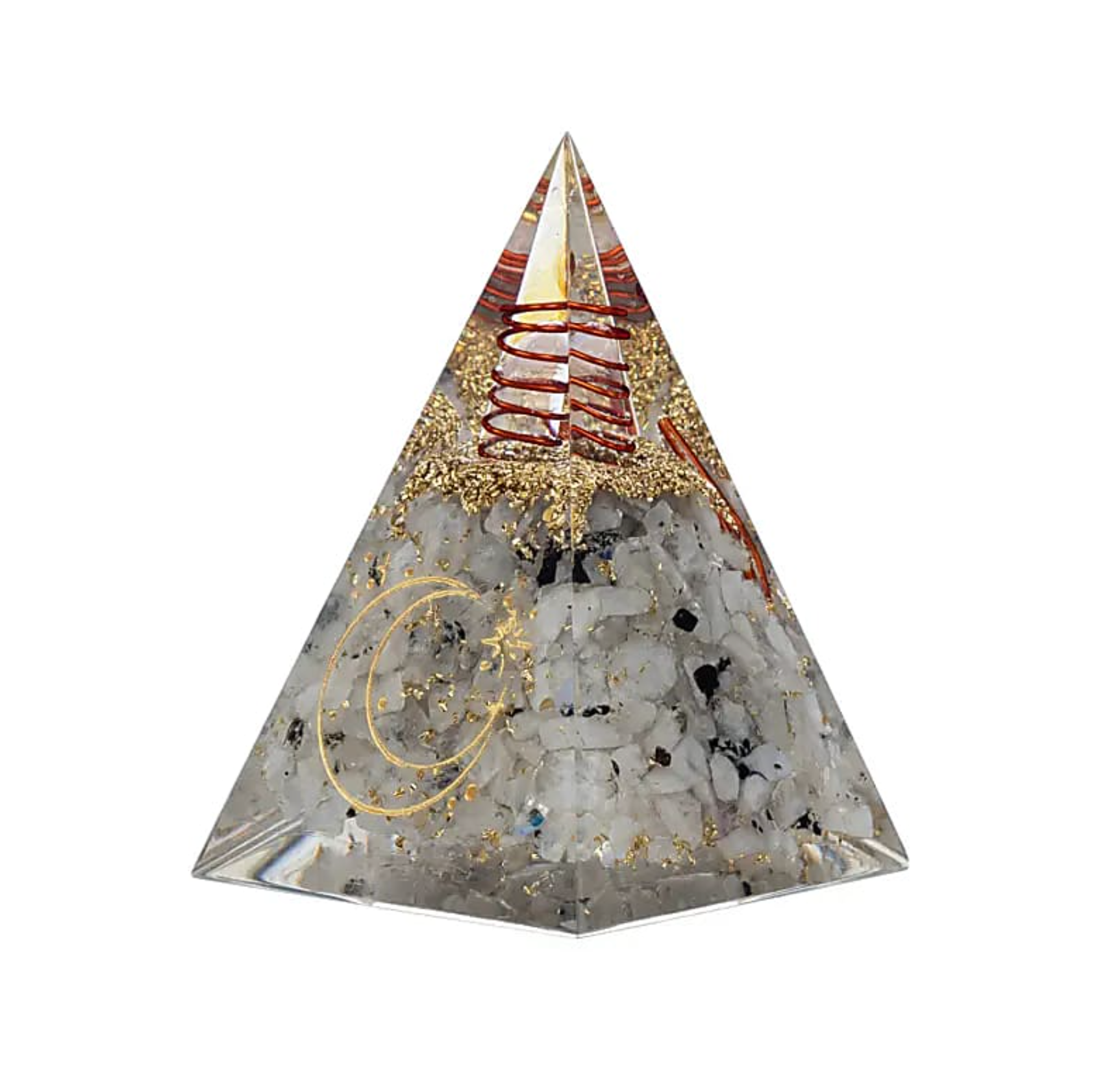 Orgonite Harmonie Lunaire : pyramide en pierre de lune avec éclats dorés et spirale rouge autour, symbole lunaire zen.