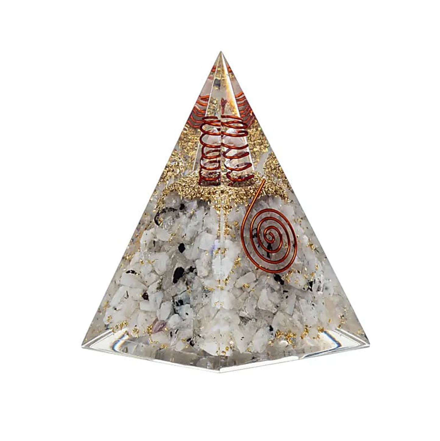 Pyramide en cristal présente, avec inclusions dorées et spirales rouges évoquant la lune et l’orgonite Harmonie Lunaire Pierre de Lune.