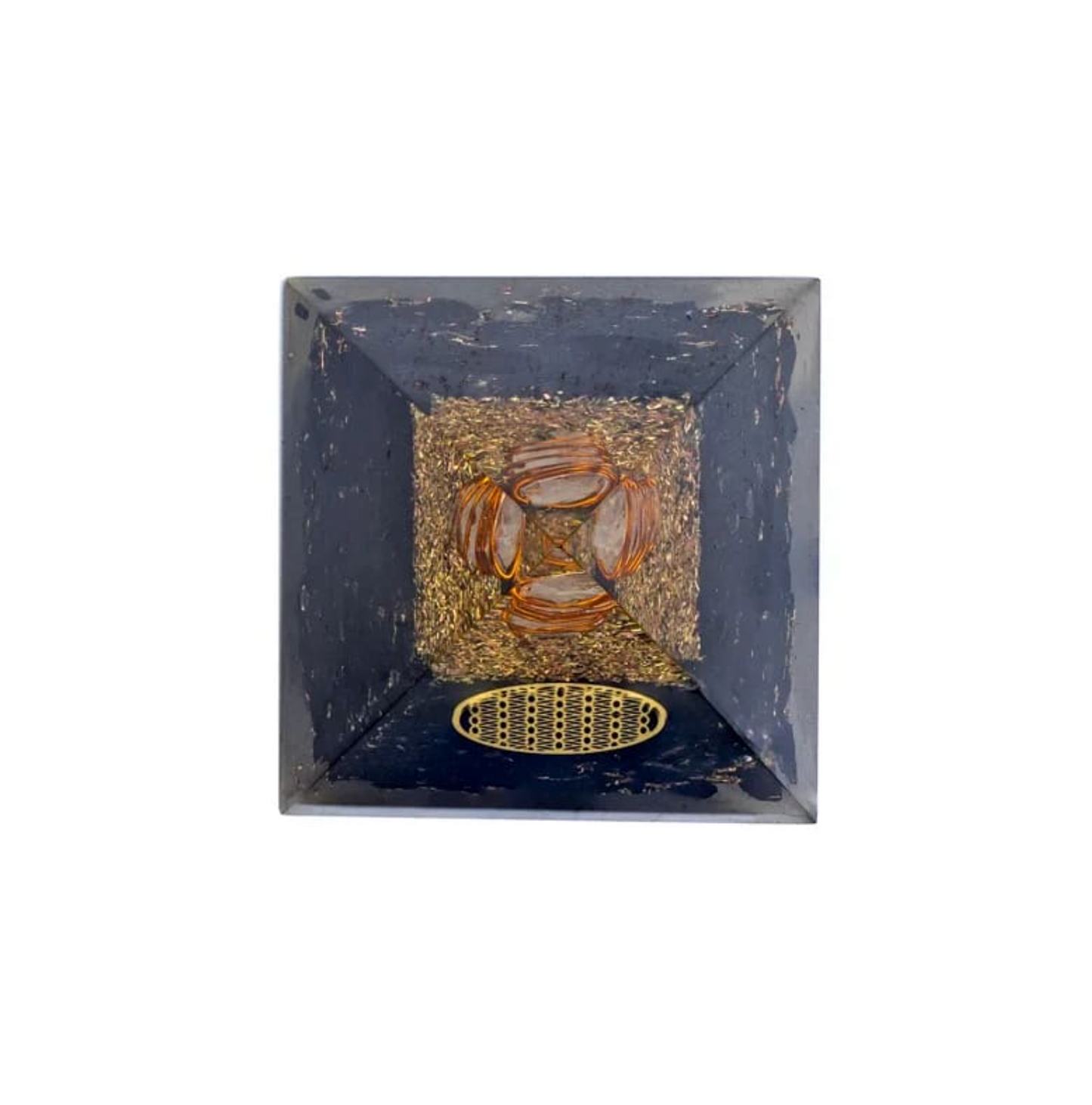 Orgonite Bouclier Sacré Tourmaline Noire – Fleur de Vie, pierre centrale orange dans un cadre noir avec motif doré et grille au fond.