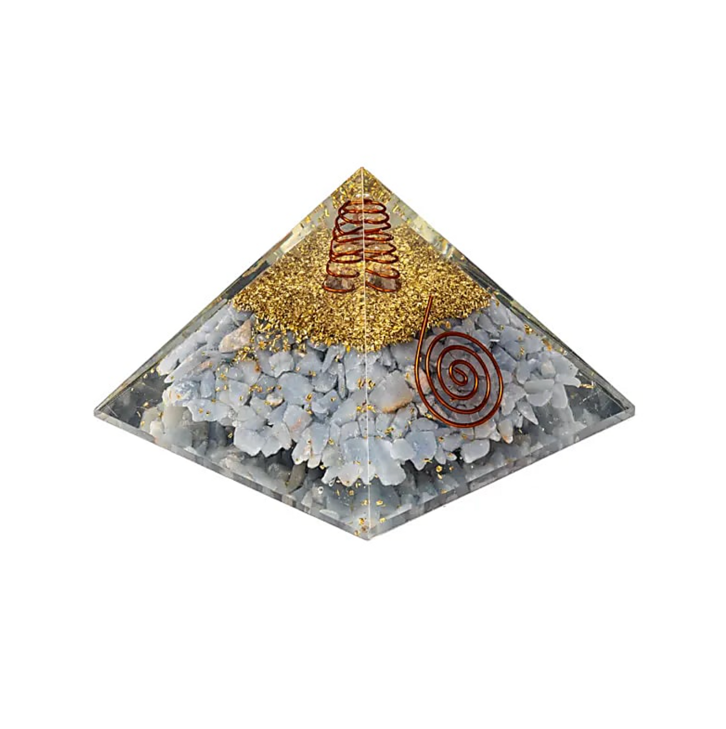 Orgonite Ailes Célestes Angélite, pyramide décorative avec éclats dorés et spirales rouges au centre.