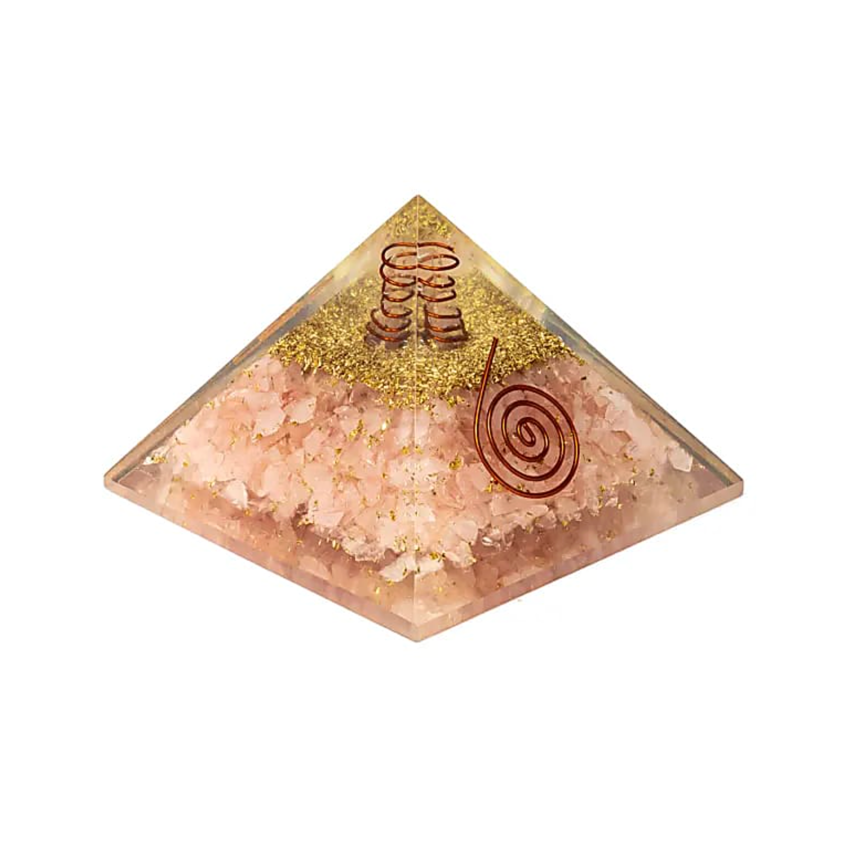 Orgonite Cœur de Lumière Quartz Rose – pyramide rose translucide avec éclats dorés et spirales cuivreées gravées.