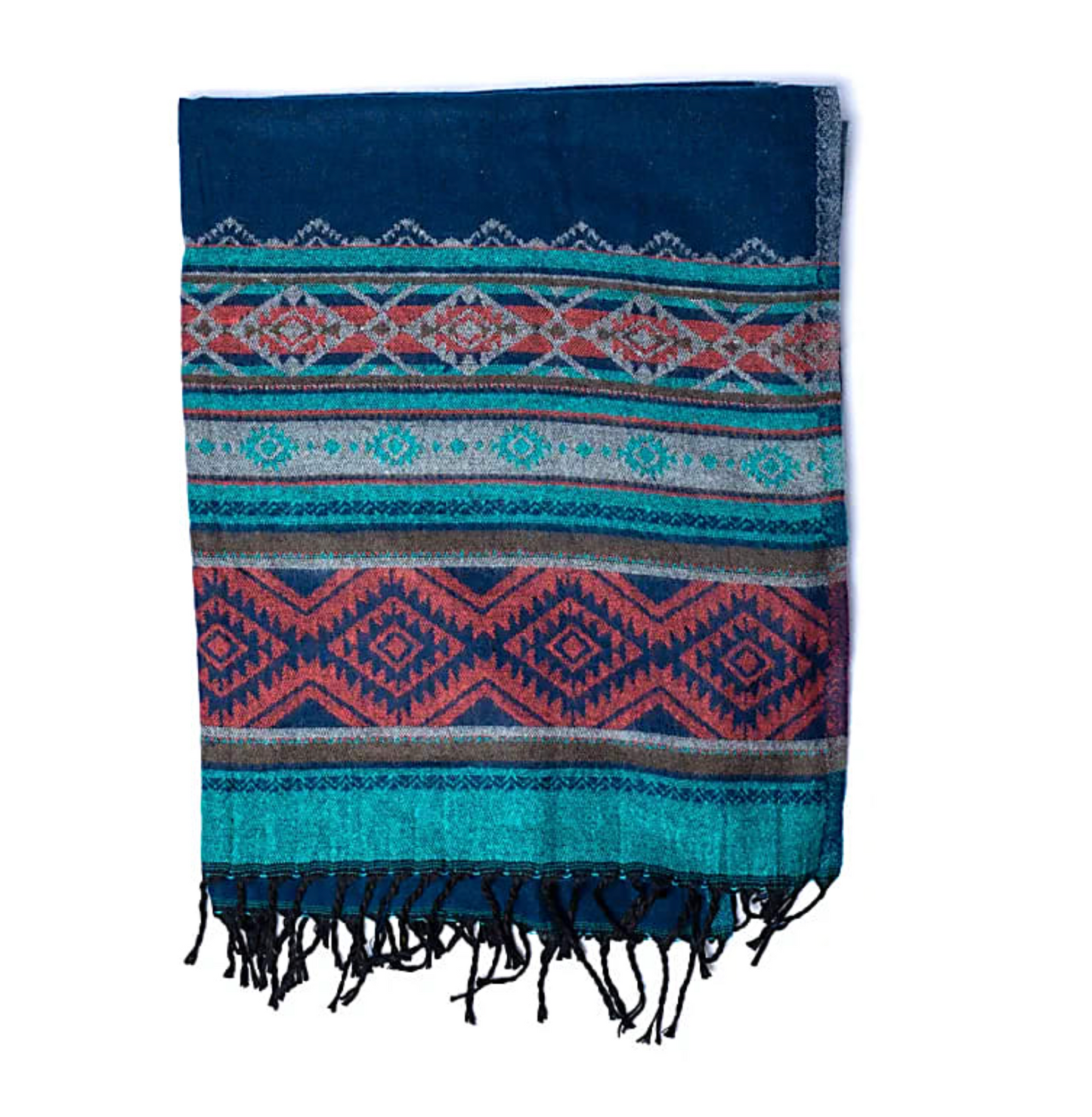 Châle de Méditation Azur Bohème : foulard coloré à motifs géométriques bleus, turquoise et rouge avec franges noires.