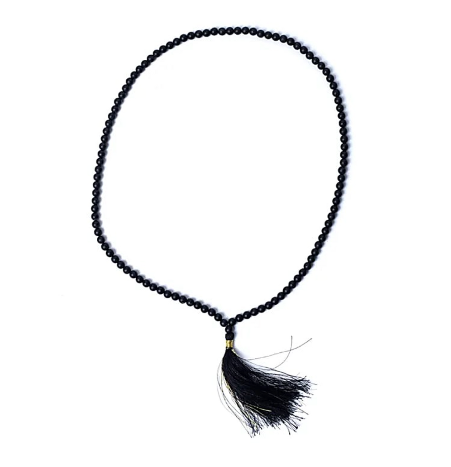 Mala 108 perles en onyx noir mat AA: collier de perles rondes noires avec pendentif tassel noir et argenté.