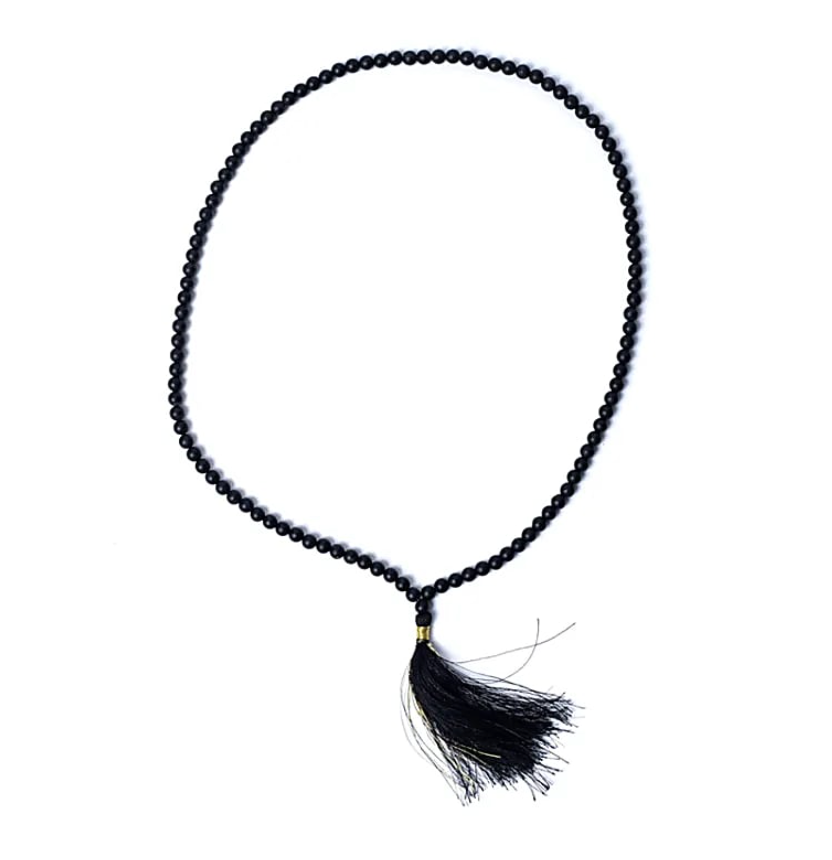 Mala 108 perles en onyx noir mat AA: collier de perles rondes noires avec pendentif tassel noir et argenté.