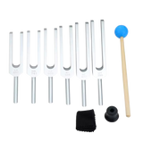 Ensemble de 6 diapasons (396–417–528–636–741–852 Hz) avec maillet bleu, étui et accessoire, pour tuning musical et thérapie sonore.