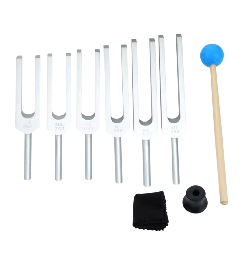 Ensemble de 6 diapasons (396–417–528–636–741–852 Hz) avec maillet bleu, étui et accessoire, pour tuning musical et thérapie sonore.