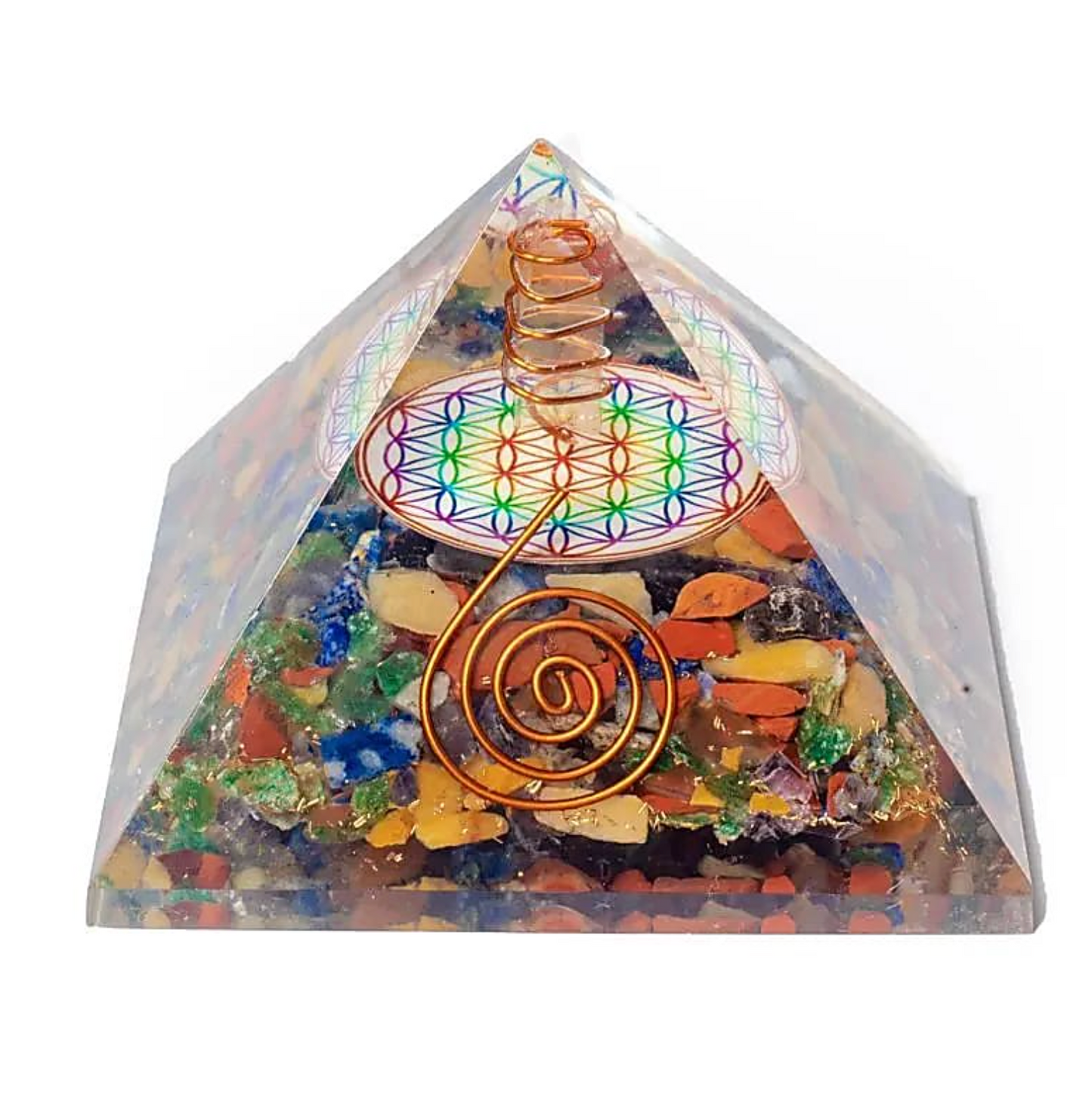 Orgonite 7 Chakras – Fleur de Vie et Cristal de Roche dans un pyramide transparente, avec spirales en cuivre et motifs colorés.