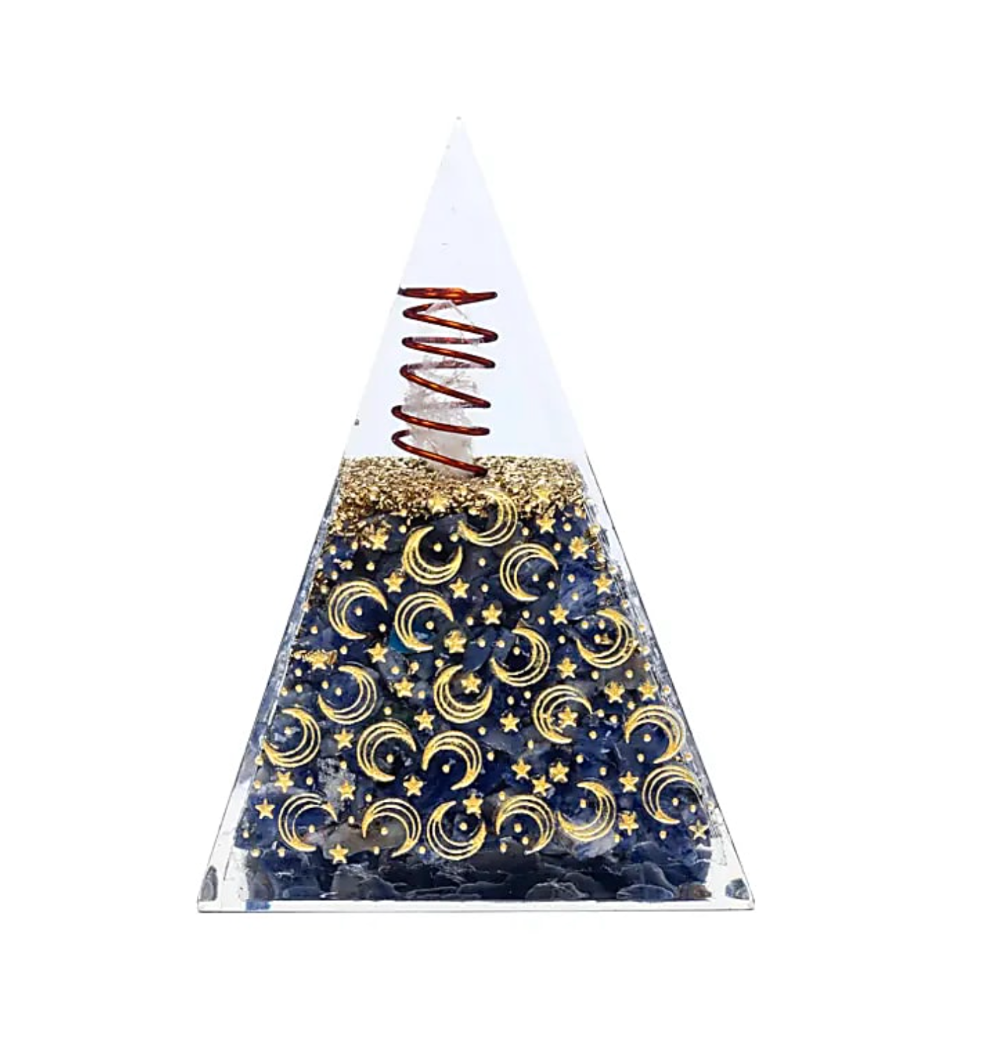 Orgonite Sodalite et Cristal de Roche – Lune & Étoiles: pyramide transparente avec spirales rouges au sommet et fond noir décoré de croissants lune et étoiles dorées.