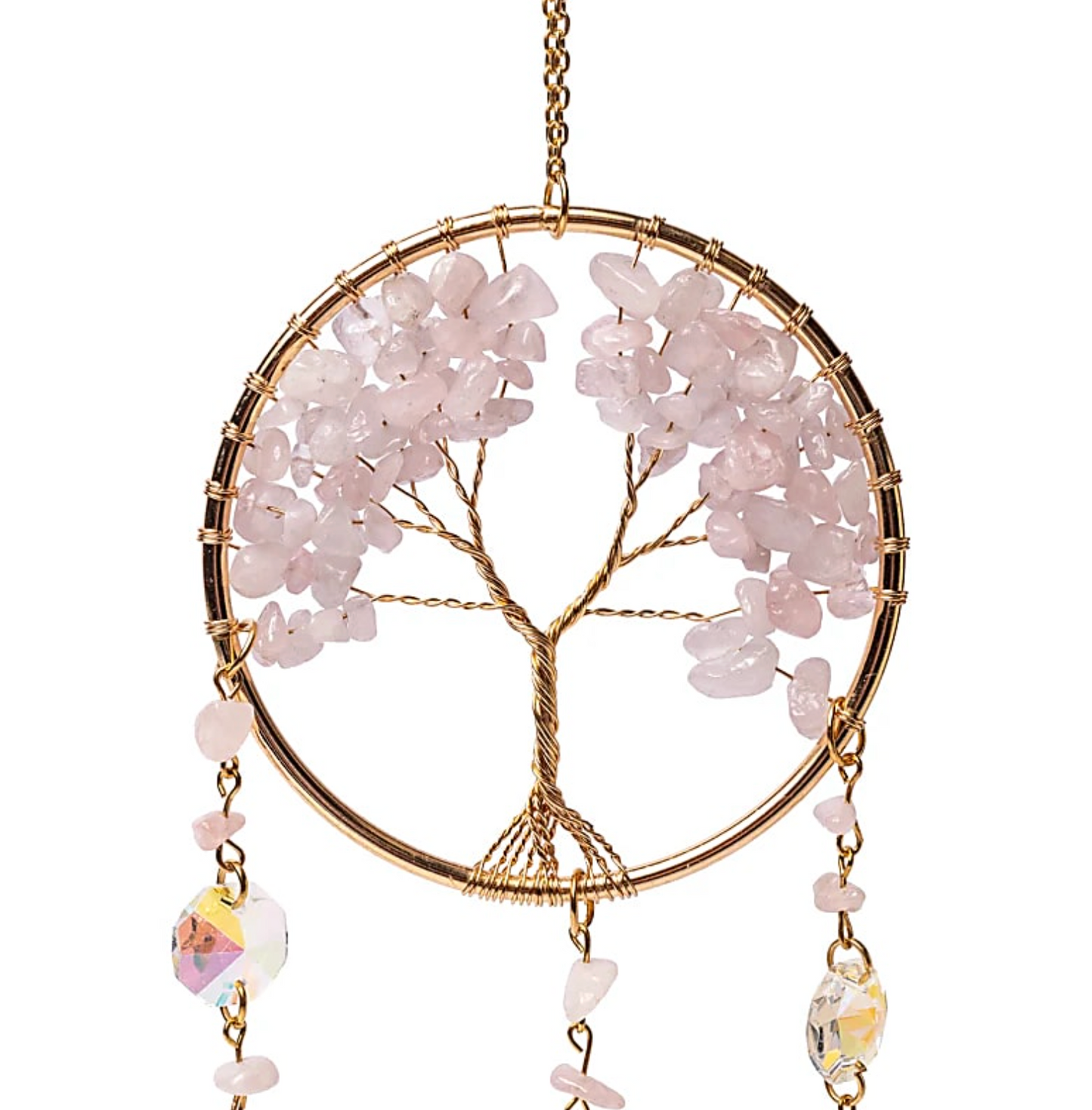 Attrape-Soleil Arbre de Vie en quartz rose rosé, cercle doré avec arbre fantaisie en fil doré et pendentifs scintillants.
