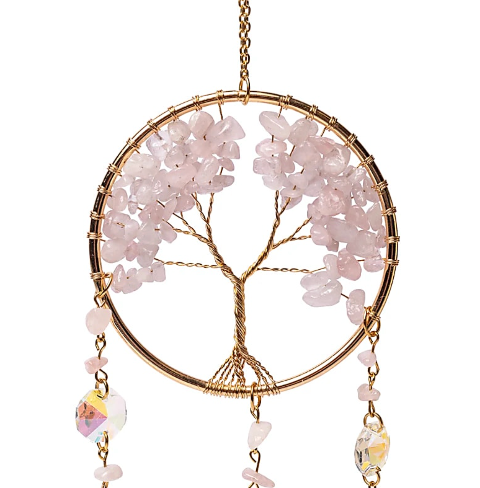 Attrape-Soleil Arbre de Vie en quartz rose rosé, cercle doré avec arbre fantaisie en fil doré et pendentifs scintillants.