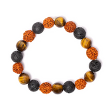 Pulsera de Energía Protectora de Rudraksha, Ojo de Tigre y Piedra de Lava – Fuerza, Estabilidad y Serenidad