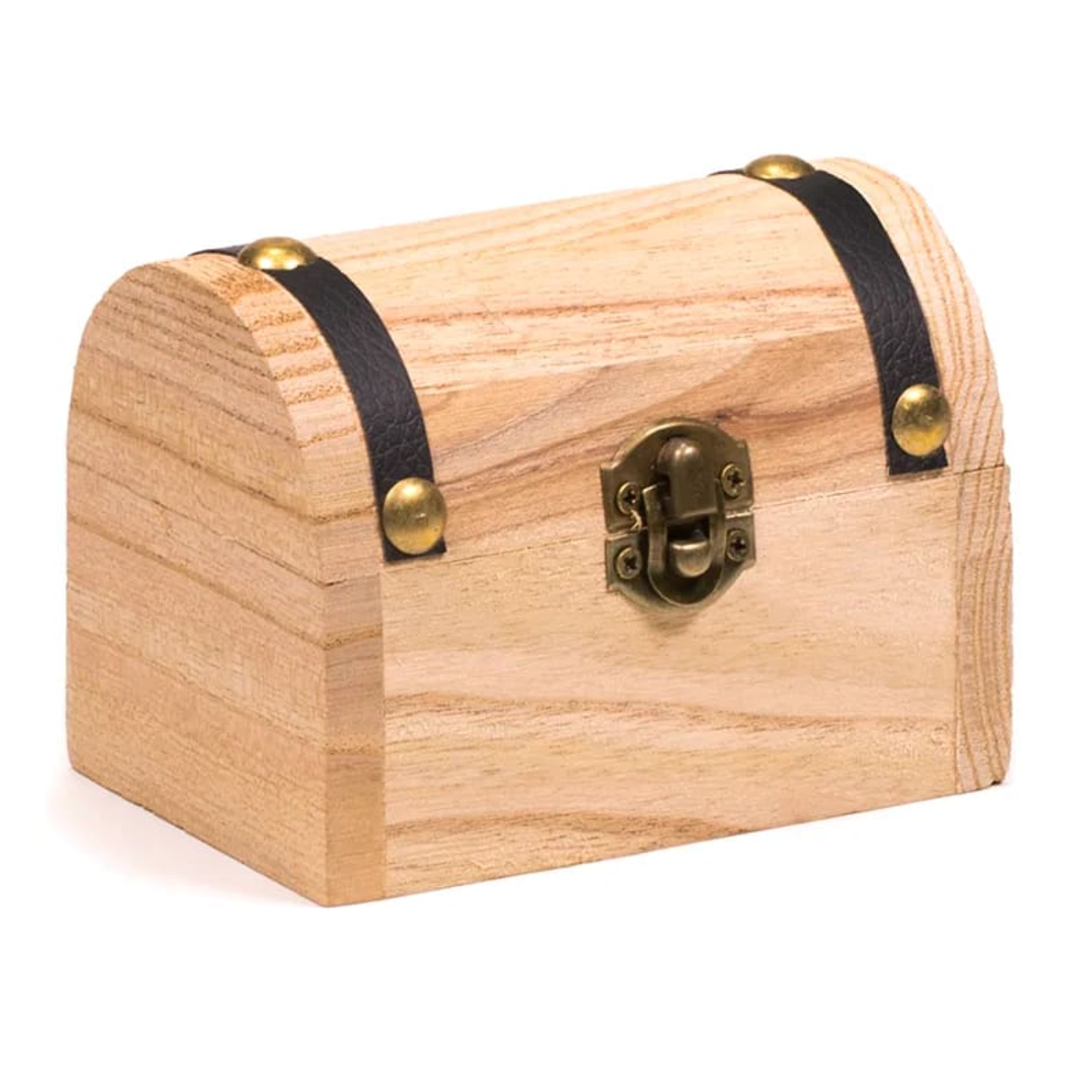 Coffret en bois clair avec charnière et poignée en cuir noir, style boîte trésor métallique doré.