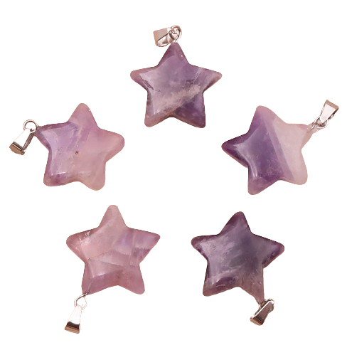 Pendentifs étoile en améthyste violette, pierres facettées montées sur petits crochets argentés, ensemble Pendentif Astrée – Améthyste