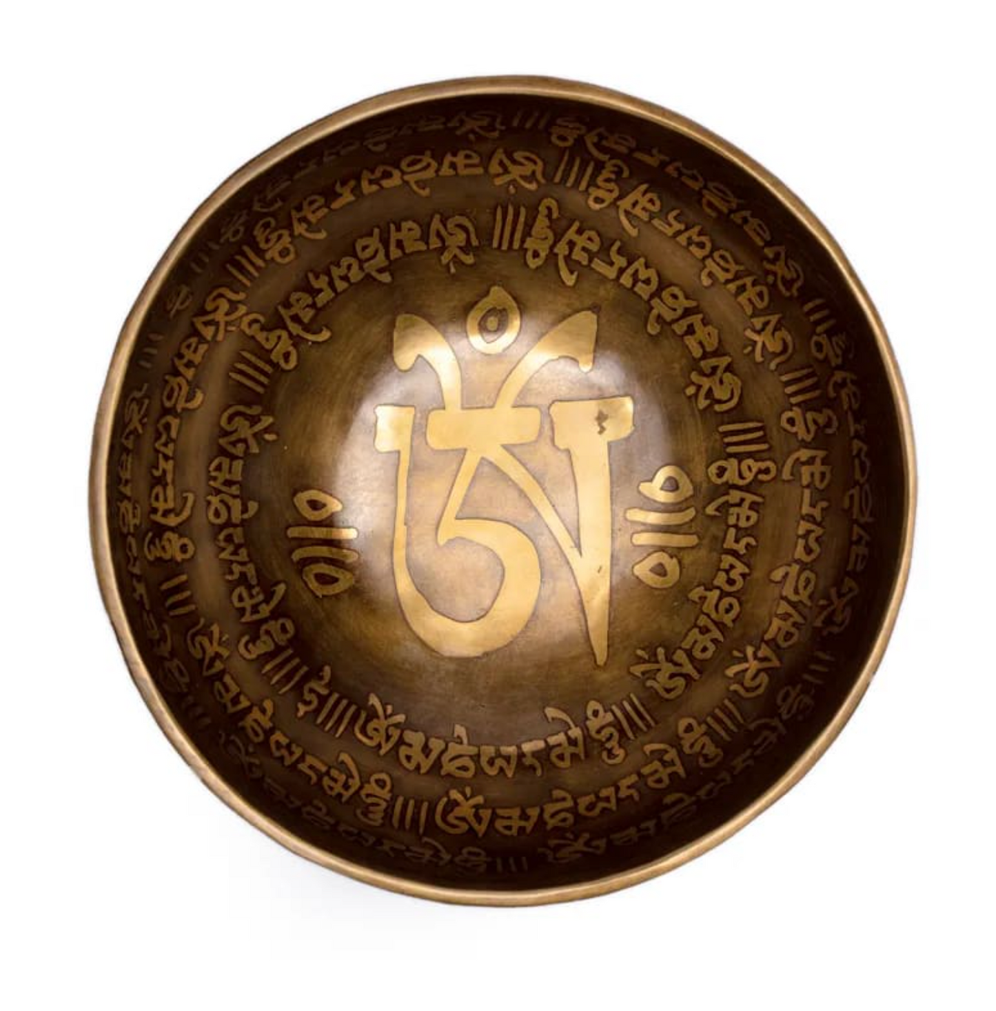 Bol Chantant Gravé 23 cm: plaque ronde en bronze gravé avec motif central et inscription runique tout autour.