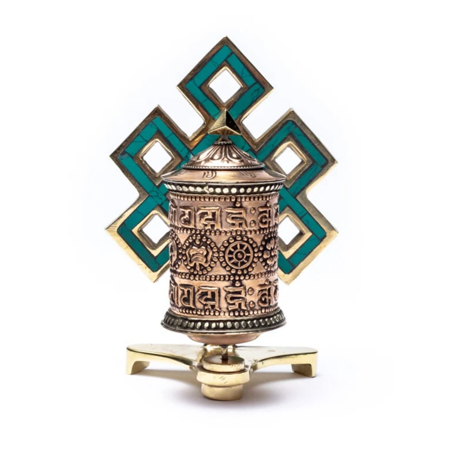 Moulin à Prière Tibétain en Cuivre - Nœud Infini et Mantra Om Mani Padme Hum