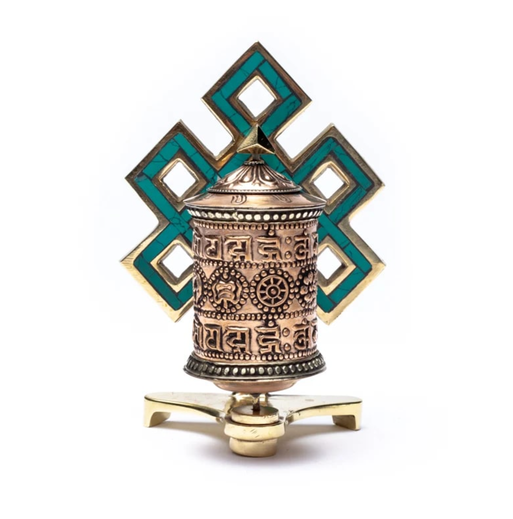 Moulin à Prière Tibétain en Cuivre - Nœud Infini et Mantra Om Mani Padme Hum